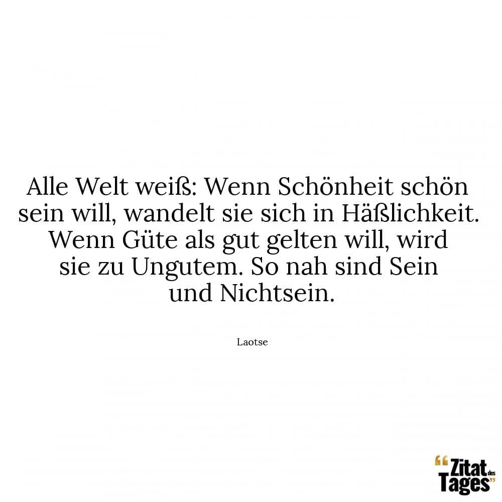 Alle Welt weiß: Wenn Schönheit schön sein will, wandelt sie sich in Häßlichkeit. Wenn Güte als gut gelten will, wird sie zu Ungutem. So nah sind Sein und Nichtsein. - Laotse