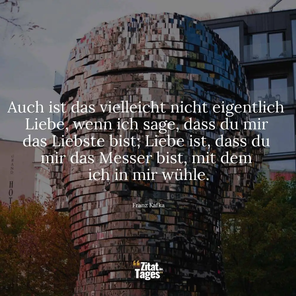 Auch ist das vielleicht nicht eigentlich Liebe, wenn ich sage, dass du mir das Liebste bist; Liebe ist, dass du mir das Messer bist, mit dem ich in mir wühle. - Franz Kafka