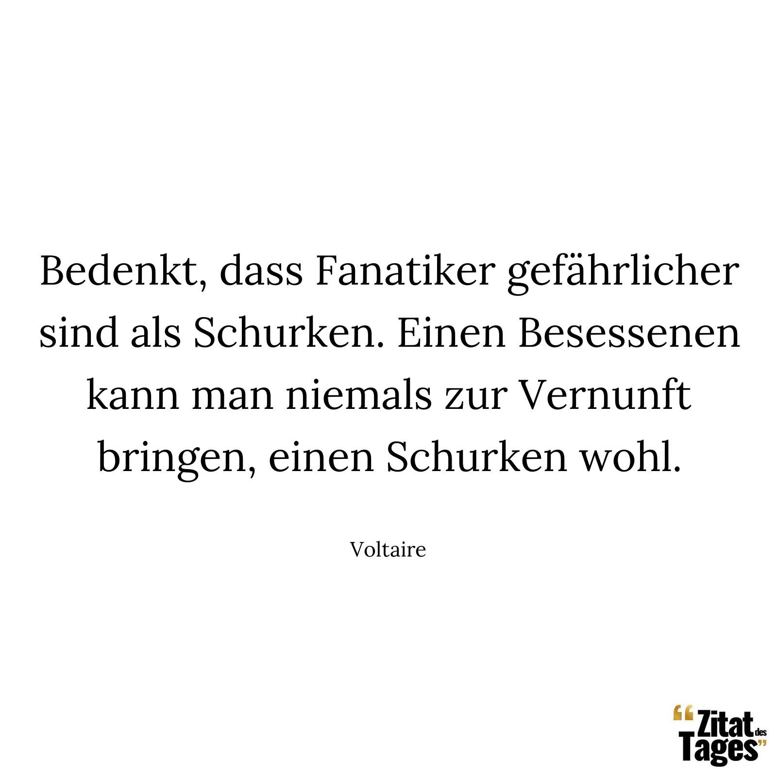 Bedenkt, dass Fanatiker gefährlicher sind als Schurken. Einen Besessenen kann man niemals zur Vernunft bringen, einen Schurken wohl. - Voltaire