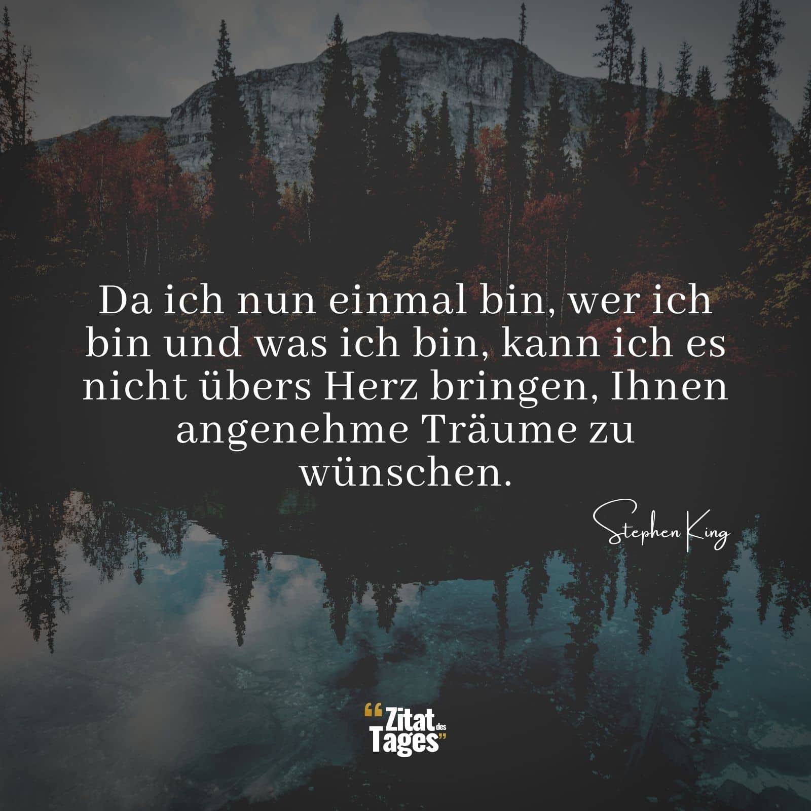 Da ich nun einmal bin, wer ich bin und was ich bin, kann ich es nicht übers Herz bringen, Ihnen angenehme Träume zu wünschen. - Stephen King