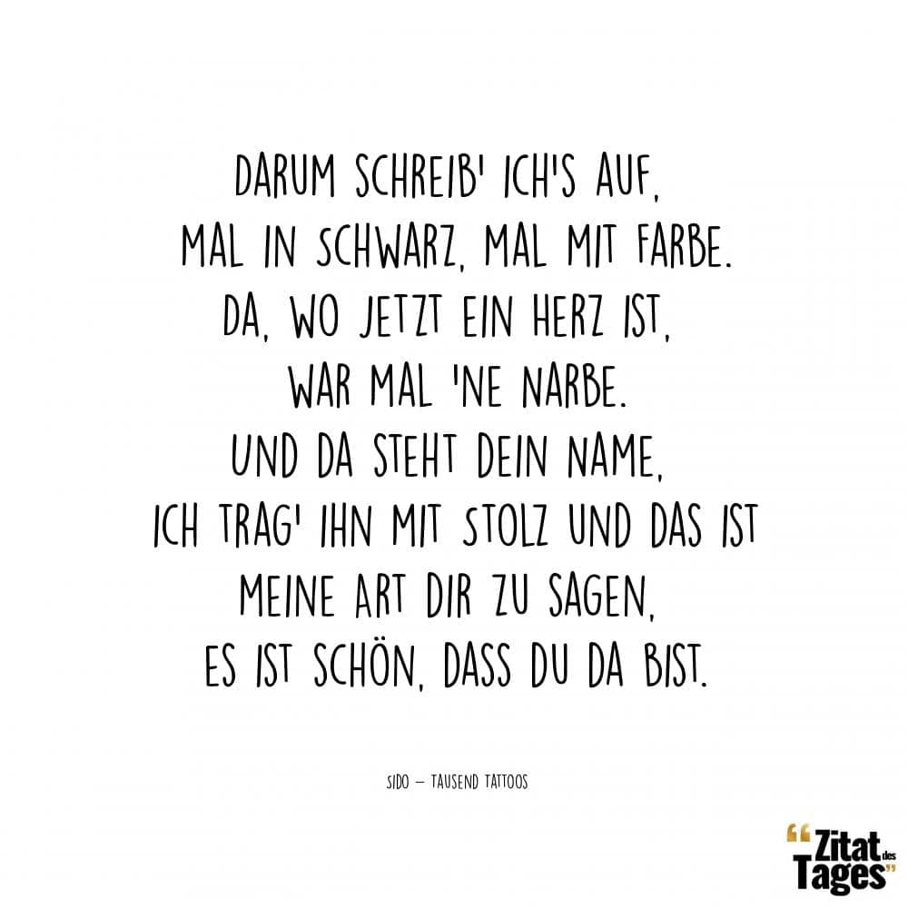 Darum schreib' ich's auf, mal in Schwarz, mal mit Farbe. Da, wo jetzt ein Herz ist, war mal 'ne Narbe. Und da steht dein Name, ich trag' ihn mit Stolz und das ist meine Art dir zu sagen, es ist schön, dass du da bist. - Sido