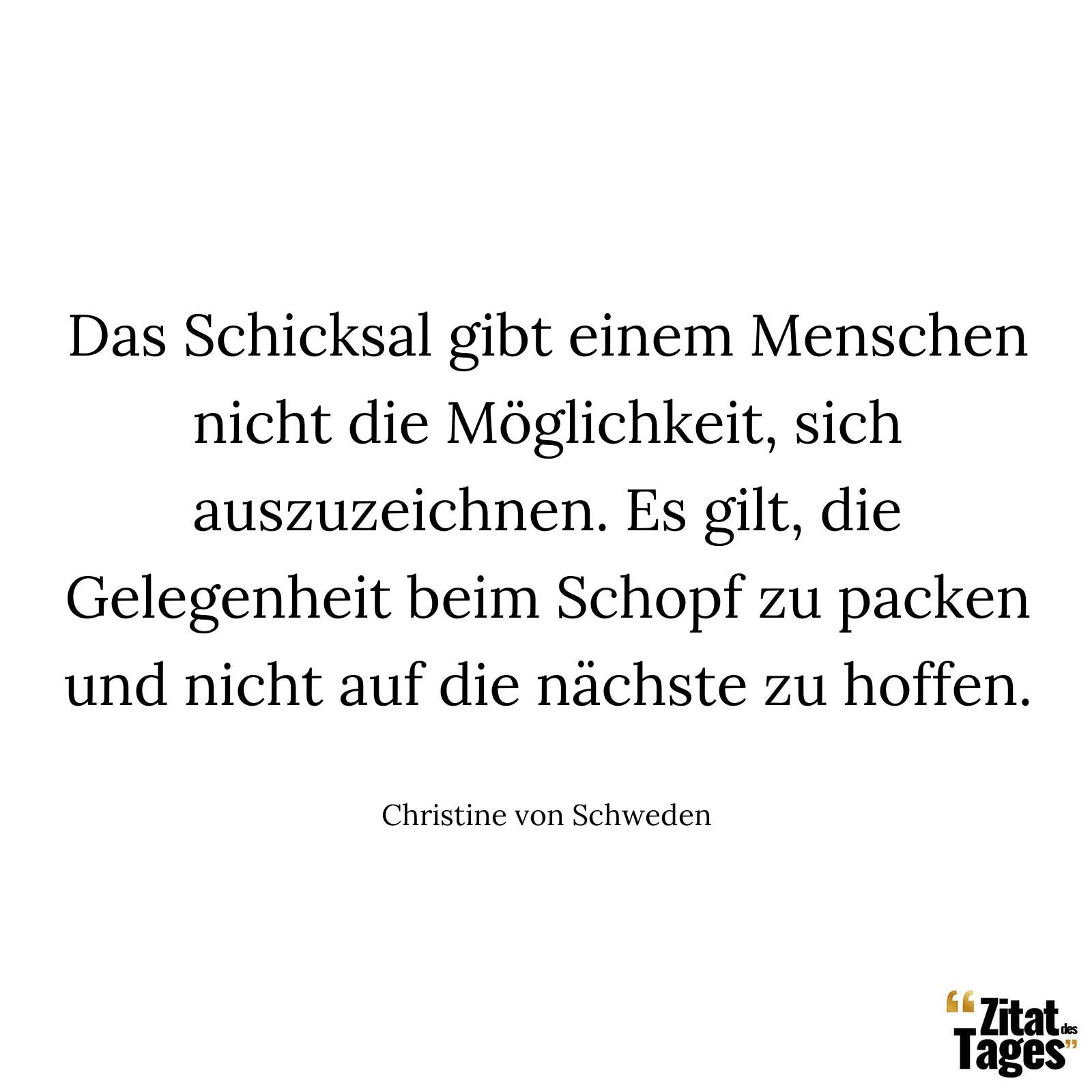 Das Schicksal gibt einem Menschen nicht die Möglichkeit, sich auszuzeichnen. Es gilt, die Gelegenheit beim Schopf zu packen und nicht auf die nächste zu hoffen. - Christine von Schweden