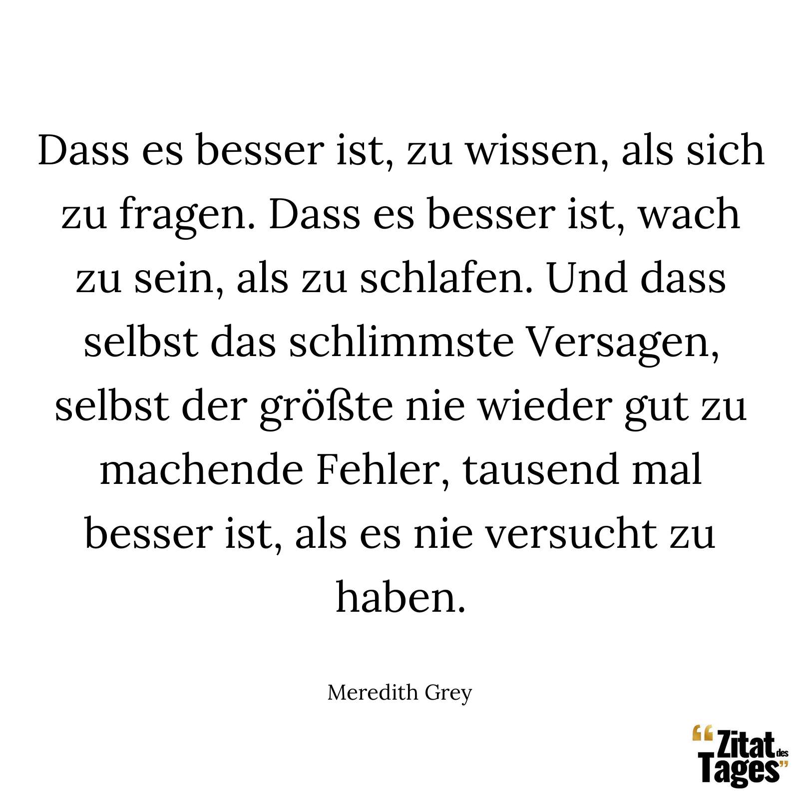 Dass es besser ist, zu wissen, als sich zu fragen. Dass es besser ist, wach zu sein, als zu schlafen. Und dass selbst das schlimmste Versagen, selbst der größte nie wieder gut zu machende Fehler, tausend mal besser ist, als es nie versucht zu haben. - Meredith Grey