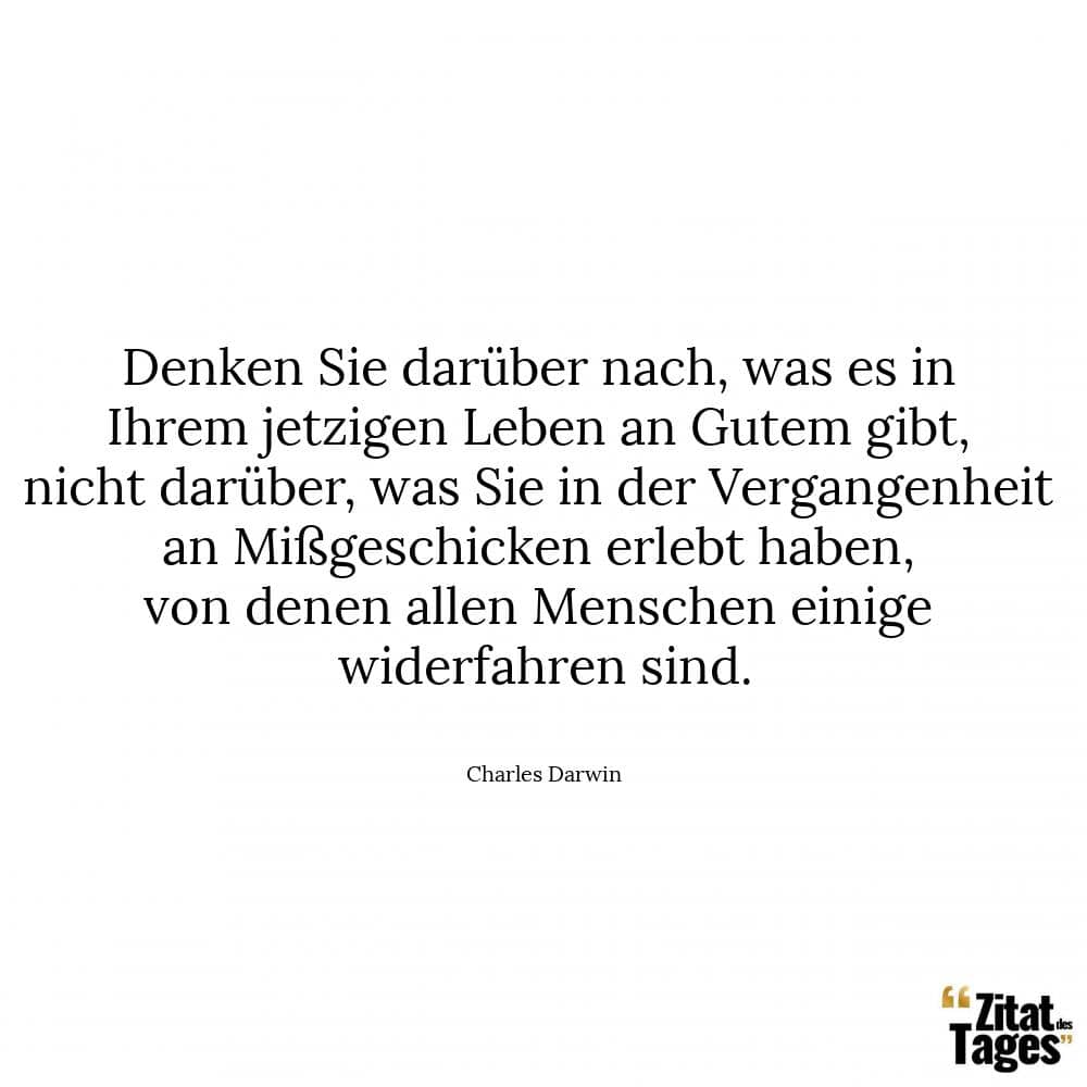 Denken Sie darüber nach, was es in Ihrem jetzigen Leben an Gutem gibt, nicht darüber, was Sie in der Vergangenheit an Mißgeschicken erlebt haben, von denen allen Menschen einige widerfahren sind. - Charles Darwin