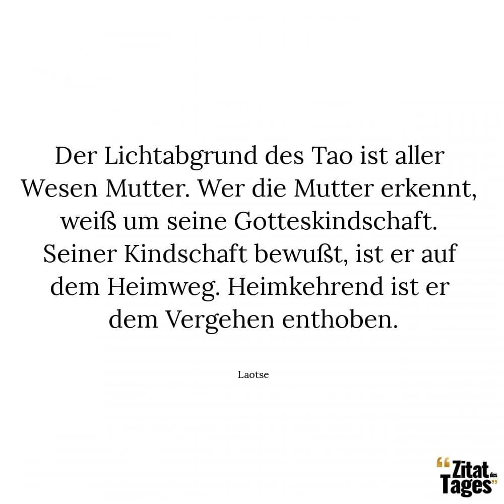 Der Lichtabgrund des Tao ist aller Wesen Mutter. Wer die Mutter erkennt, weiß um seine Gotteskindschaft. Seiner Kindschaft bewußt, ist er auf dem Heimweg. Heimkehrend ist er dem Vergehen enthoben. - Laotse