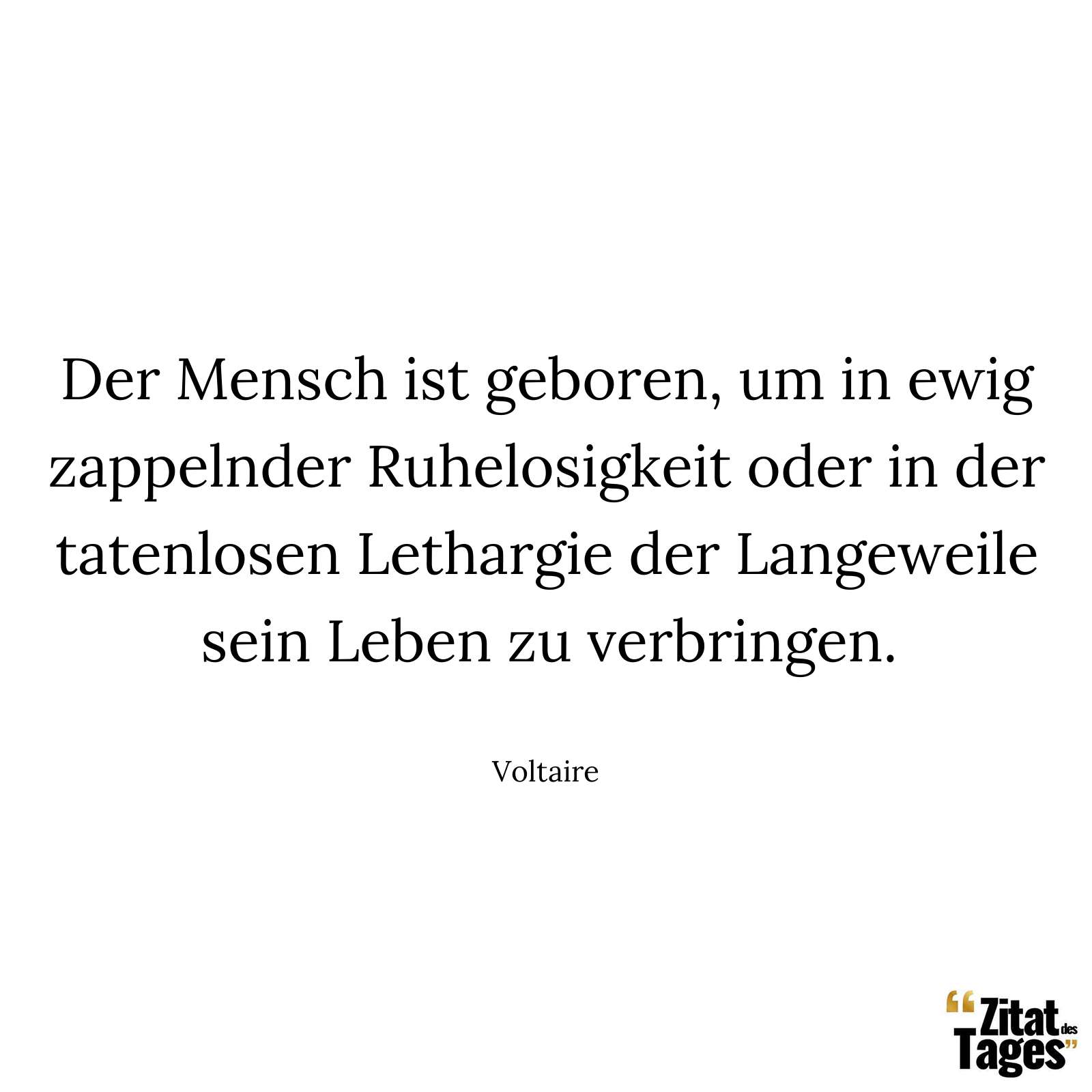 Der Mensch ist geboren, um in ewig zappelnder Ruhelosigkeit oder in der tatenlosen Lethargie der Langeweile sein Leben zu verbringen. - Voltaire