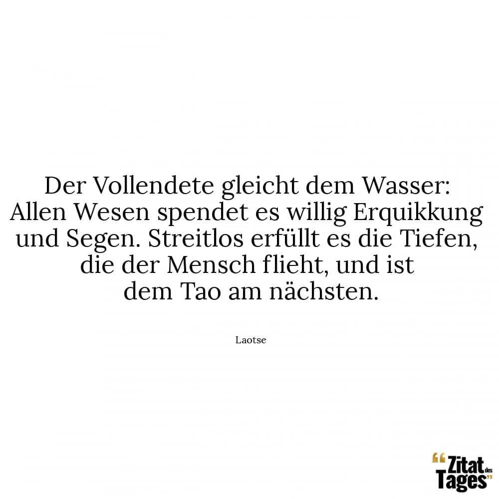 Der Vollendete gleicht dem Wasser: Allen Wesen spendet es willig Erquikkung und Segen. Streitlos erfüllt es die Tiefen, die der Mensch flieht, und ist dem Tao am nächsten. - Laotse