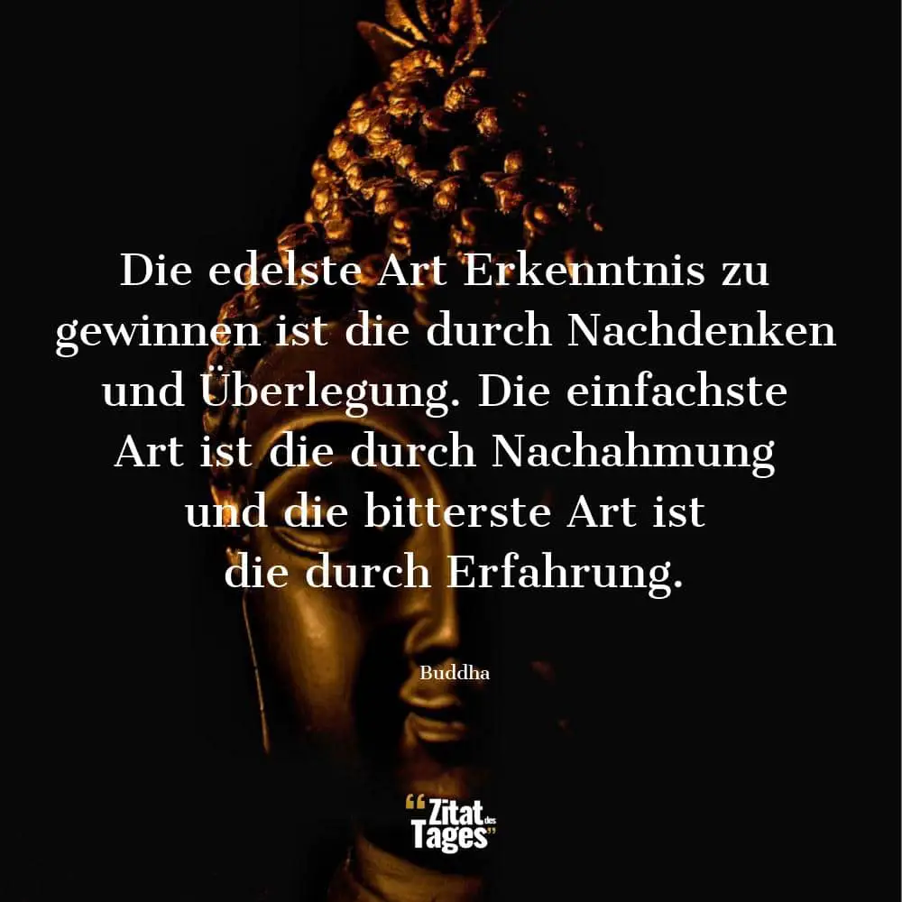 Die edelste Art Erkenntnis zu gewinnen ist die durch Nachdenken und Überlegung. Die einfachste Art ist die durch Nachahmung und die bitterste Art ist die durch Erfahrung. - Buddha