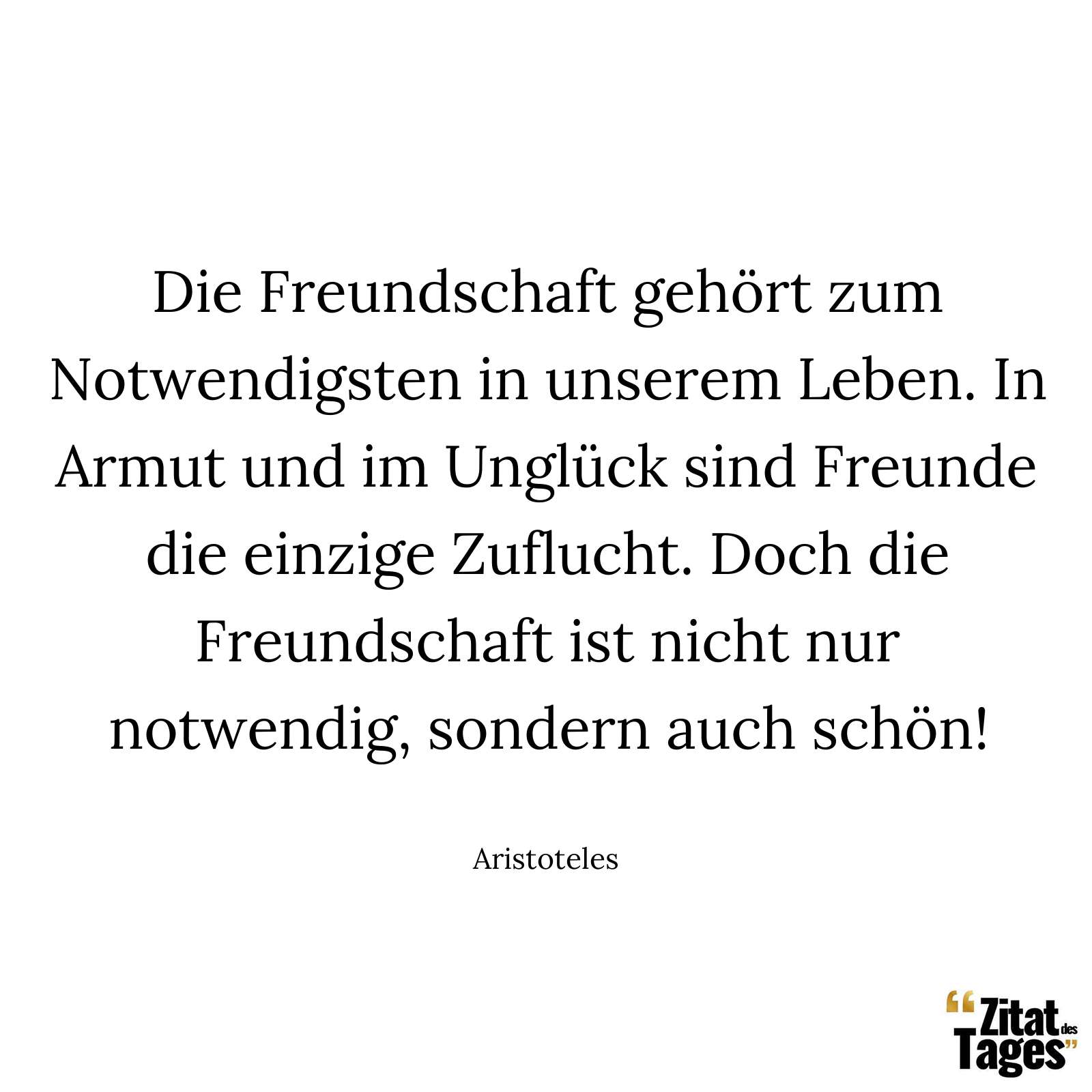 Die Freundschaft gehört zum Notwendigsten in unserem Leben. In Armut und im Unglück sind Freunde die einzige Zuflucht. Doch die Freundschaft ist nicht nur notwendig, sondern auch schön! - Aristoteles