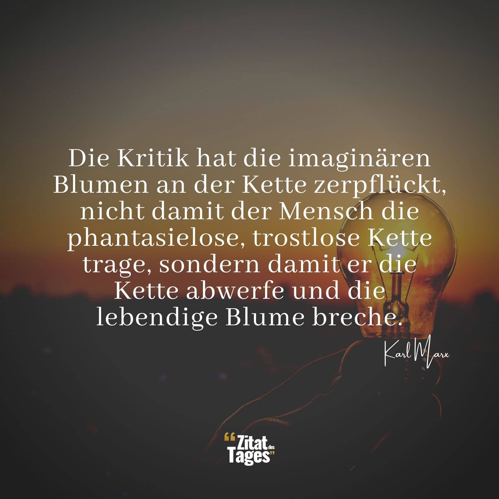 Die Kritik hat die imaginären Blumen an der Kette zerpflückt, nicht damit der Mensch die phantasielose, trostlose Kette trage, sondern damit er die Kette abwerfe und die lebendige Blume breche. - Karl Marx