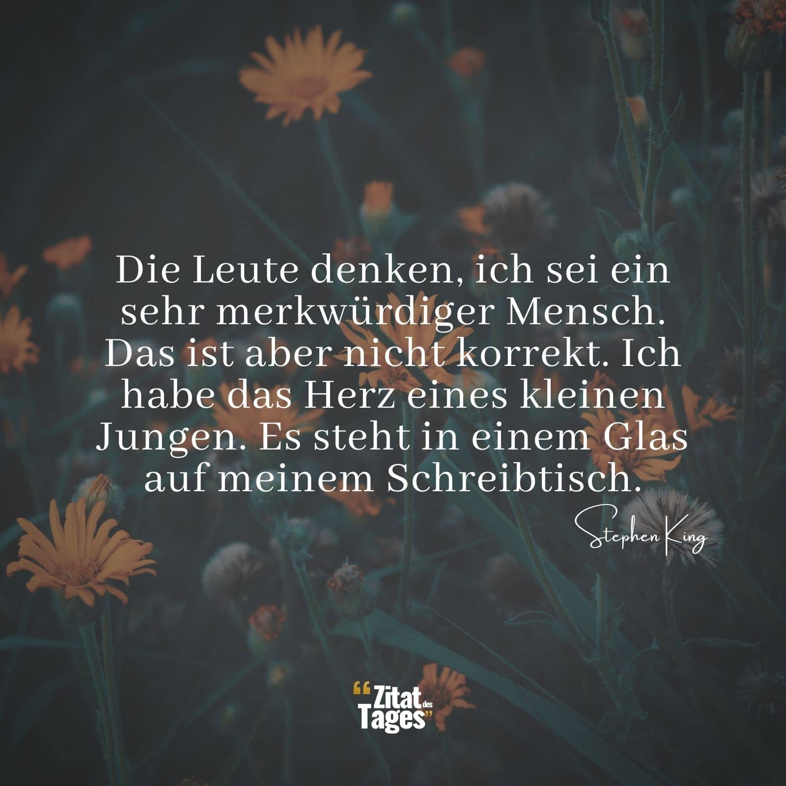 Die Leute denken, ich sei ein sehr merkwürdiger Mensch. Das ist aber nicht korrekt. Ich habe das Herz eines kleinen Jungen. Es steht in einem Glas auf meinem Schreibtisch. - Stephen King