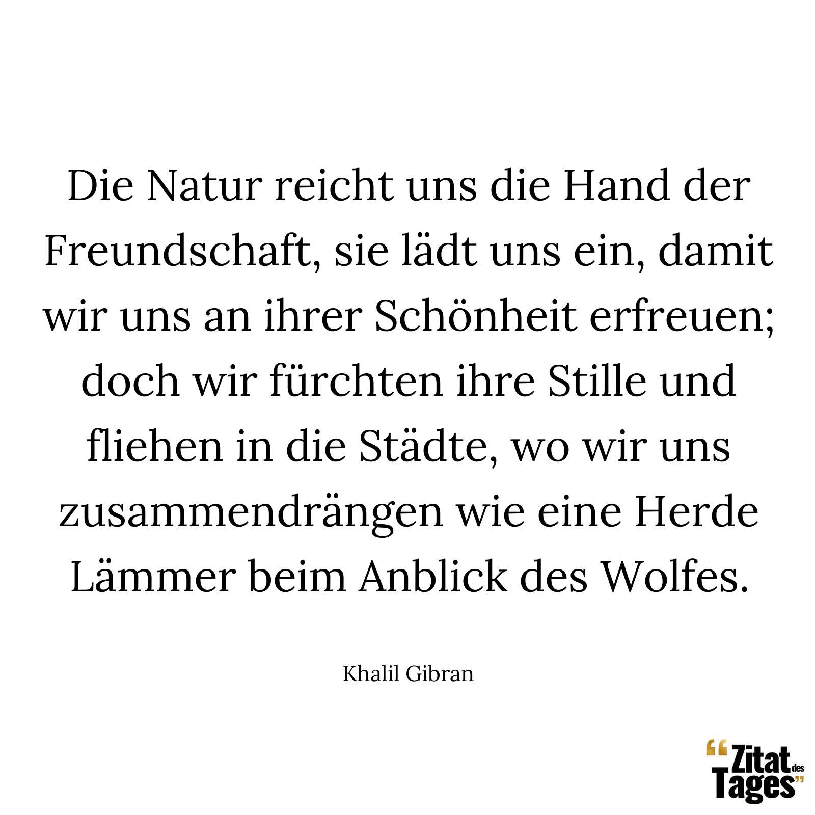 Die Natur reicht uns die Hand der Freundschaft, sie lädt uns ein, damit wir uns an ihrer Schönheit erfreuen; doch wir fürchten ihre Stille und fliehen in die Städte, wo wir uns zusammendrängen wie eine Herde Lämmer beim Anblick des Wolfes. - Khalil Gibran