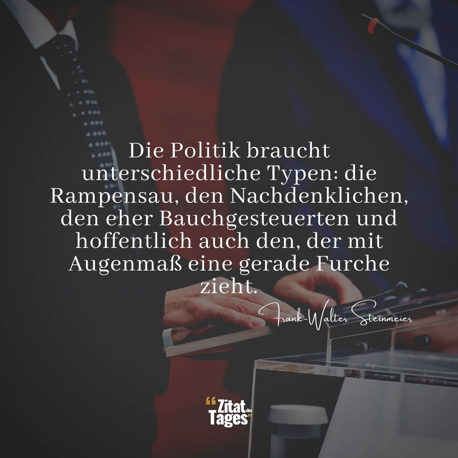 Die Politik braucht unterschiedliche Typen: die Rampensau, den Nachdenklichen, den eher Bauchgesteuerten und hoffentlich auch den, der mit Augenmaß eine gerade Furche zieht. - Frank-Walter Steinmeier