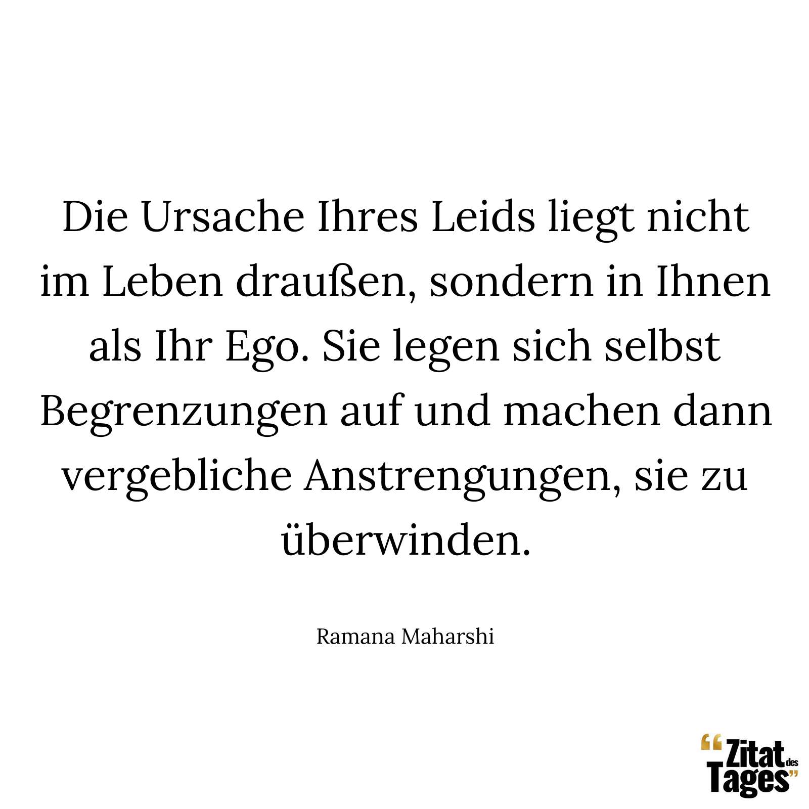 Die Ursache Ihres Leids liegt nicht im Leben draußen, sondern in Ihnen als Ihr Ego. Sie legen sich selbst Begrenzungen auf und machen dann vergebliche Anstrengungen, sie zu überwinden. - Ramana Maharshi