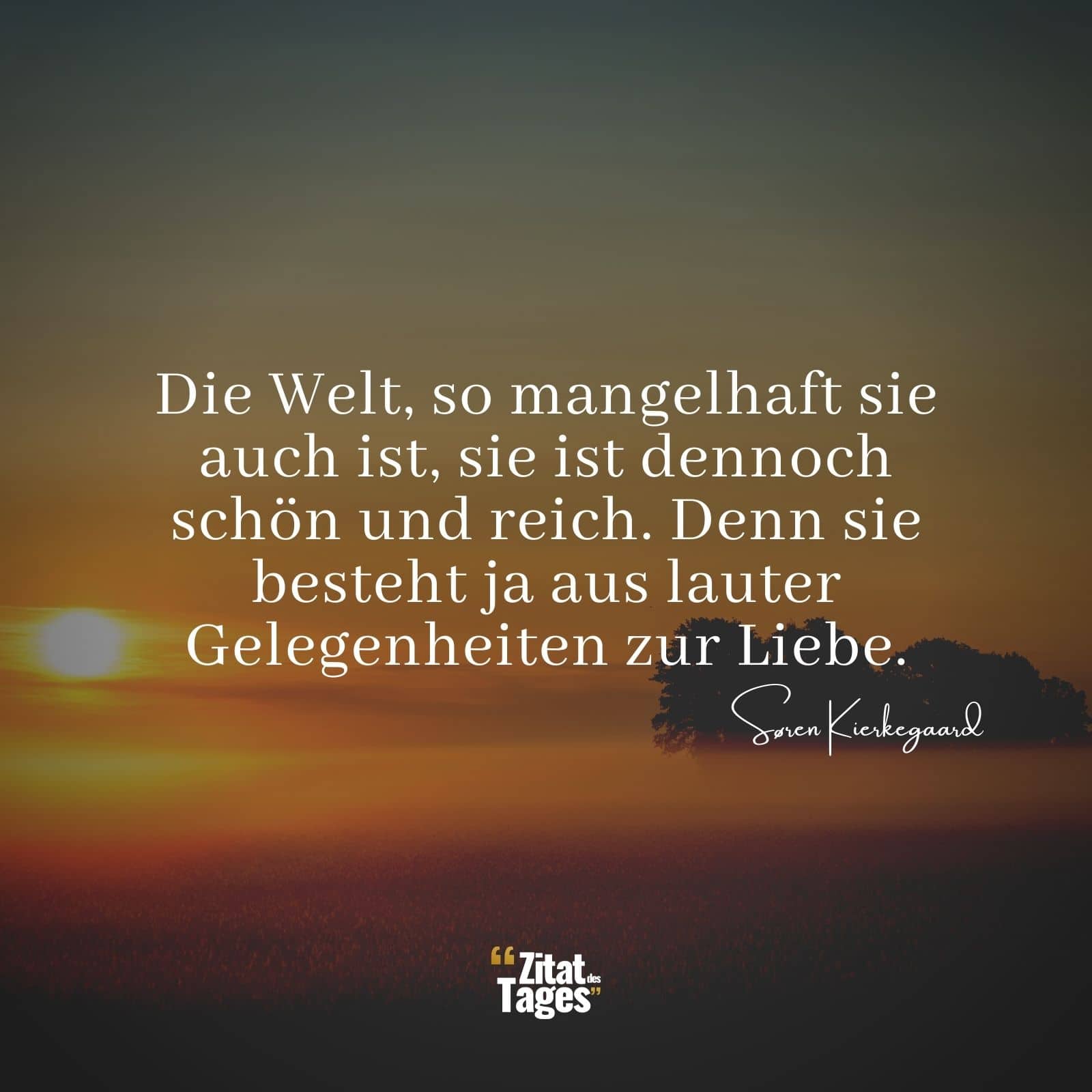 Die Welt, so mangelhaft sie auch ist, sie ist dennoch schön und reich. Denn sie besteht ja aus lauter Gelegenheiten zur Liebe. - Søren Kierkegaard