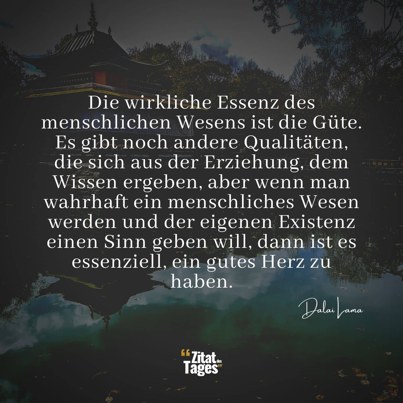 Die wirkliche Essenz des menschlichen Wesens ist die Güte. Es gibt noch andere Qualitäten, die sich aus der Erziehung, dem Wissen ergeben, aber wenn man wahrhaft ein menschliches Wesen werden und der eigenen Existenz einen Sinn geben will, dann ist es essenziell, ein gutes Herz zu haben. - Dalai Lama