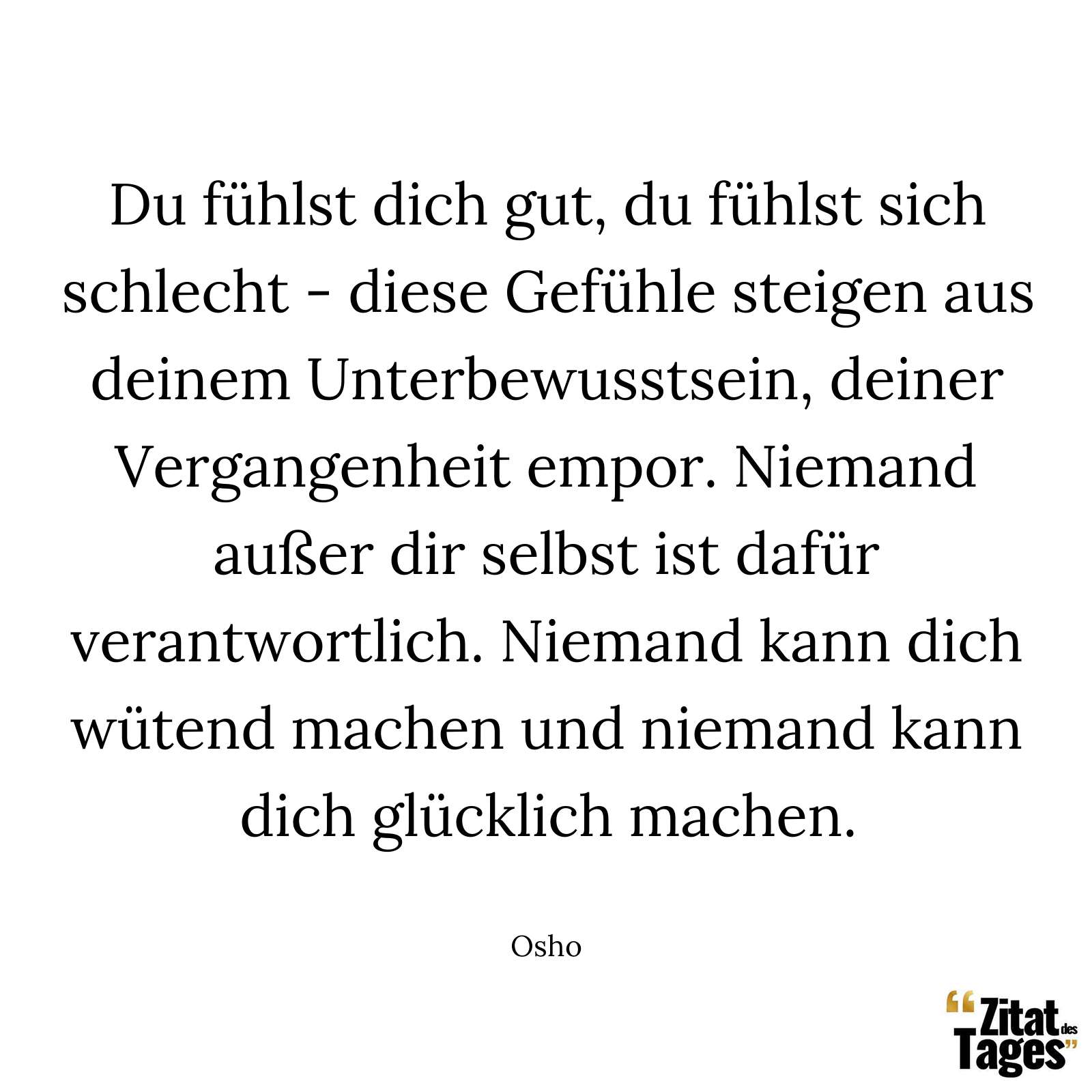 Du fühlst dich gut, du fühlst sich schlecht - diese Gefühle steigen aus deinem Unterbewusstsein, deiner Vergangenheit empor. Niemand außer dir selbst ist dafür verantwortlich. Niemand kann dich wütend machen und niemand kann dich glücklich machen. - Osho