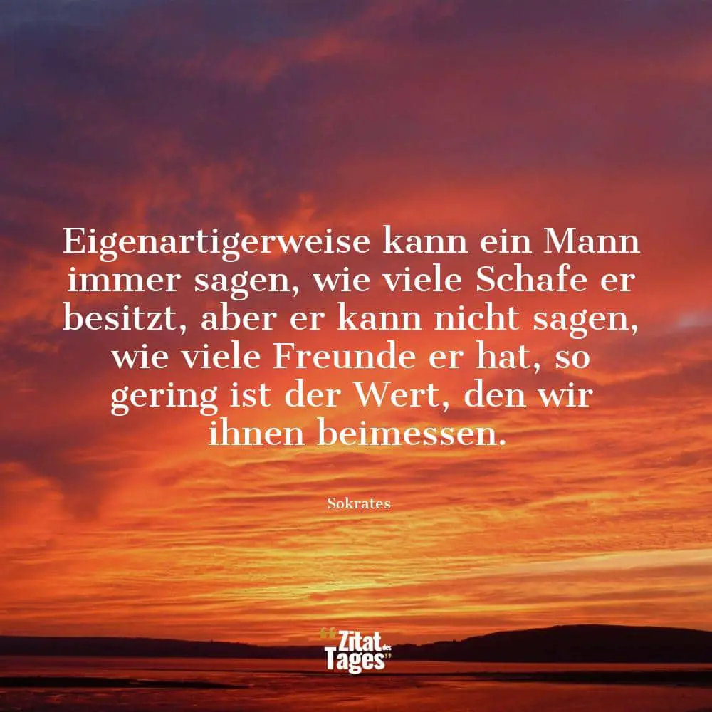 Eigenartigerweise kann ein Mann immer sagen, wie viele Schafe er besitzt, aber er kann nicht sagen, wie viele Freunde er hat, so gering ist der Wert, den wir ihnen beimessen. - Sokrates