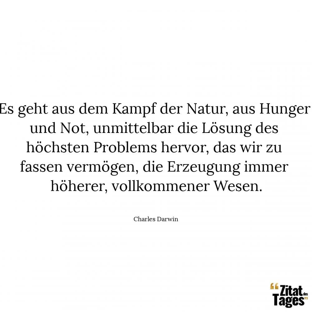 Es geht aus dem Kampf der Natur, aus Hunger und Not, unmittelbar die Lösung des höchsten Problems hervor, das wir zu fassen vermögen, die Erzeugung immer höherer, vollkommener Wesen. - Charles Darwin