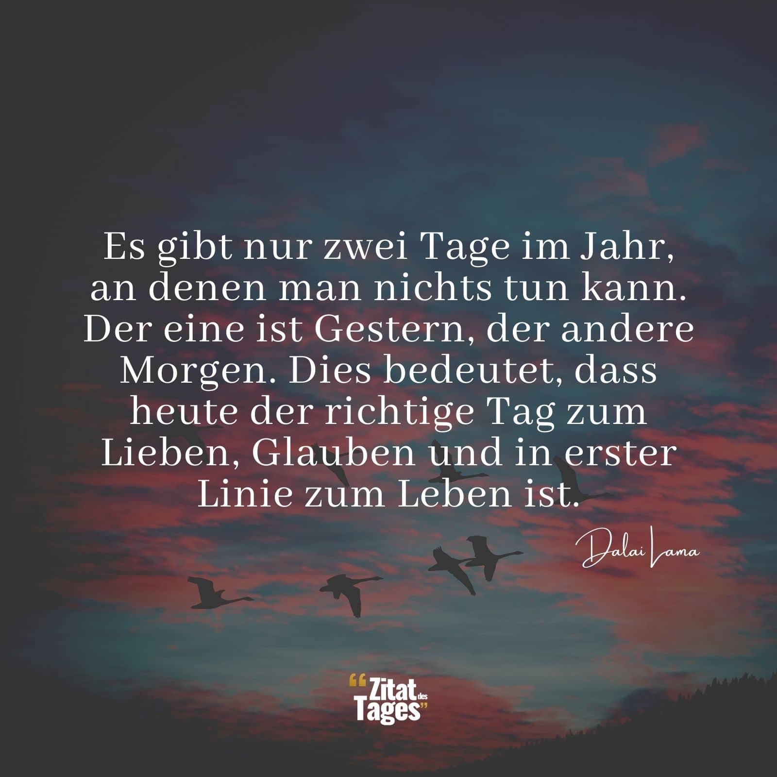 Es gibt nur zwei Tage im Jahr, an denen man nichts tun kann. Der eine ist Gestern, der andere Morgen. Dies bedeutet, dass heute der richtige Tag zum Lieben, Glauben und in erster Linie zum Leben ist. - Dalai Lama