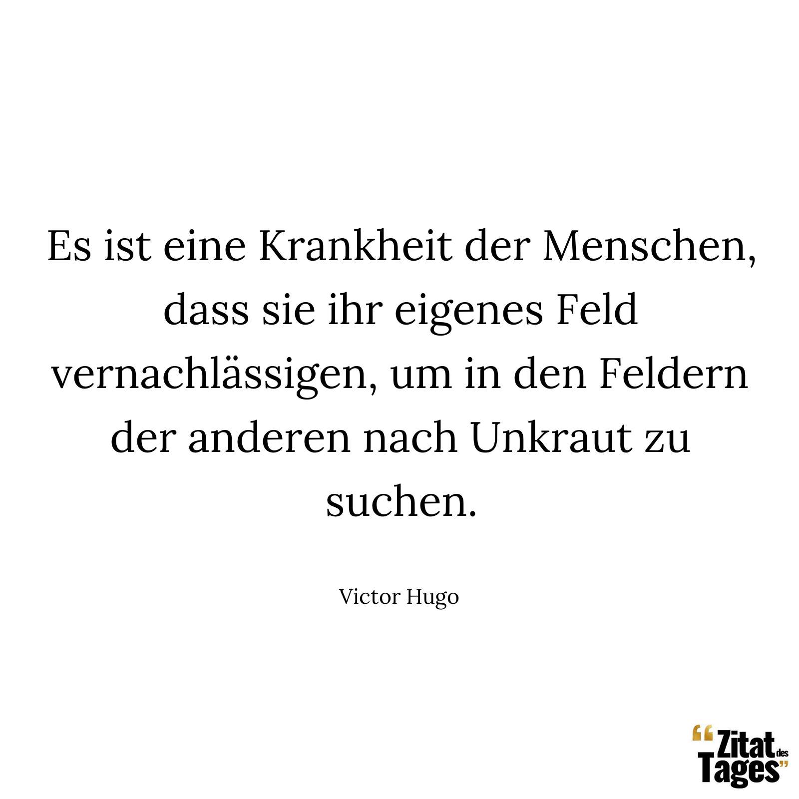 Es ist eine Krankheit der Menschen, dass sie ihr eigenes Feld vernachlässigen, um in den Feldern der anderen nach Unkraut zu suchen. - Victor Hugo