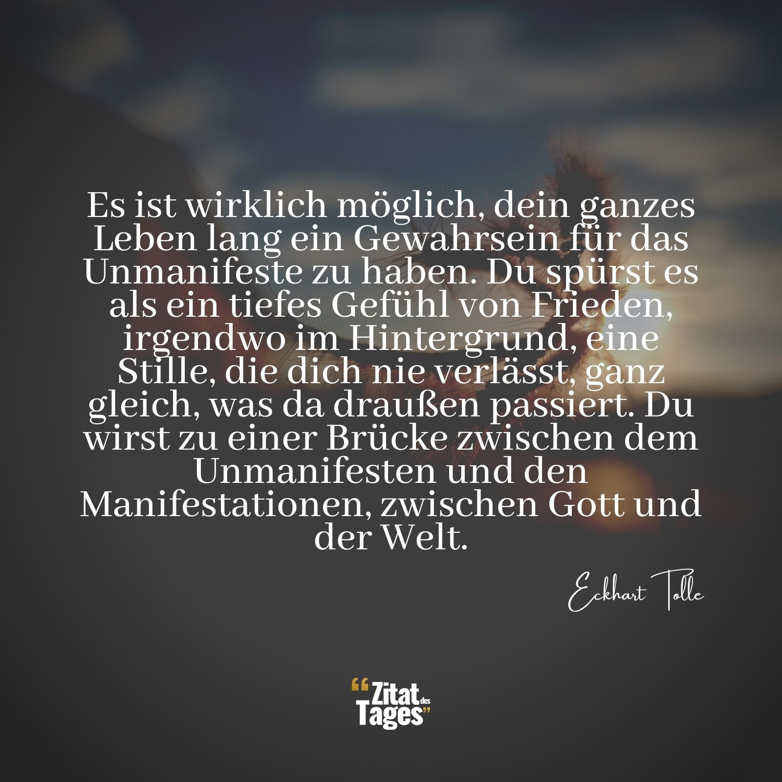 Es ist wirklich möglich, dein ganzes Leben lang ein Gewahrsein für das Unmanifeste zu haben. Du spürst es als ein tiefes Gefühl von Frieden, irgendwo im Hintergrund, eine Stille, die dich nie verlässt, ganz gleich, was da draußen passiert. Du wirst zu einer Brücke zwischen dem Unmanifesten und den Manifestationen, zwischen Gott und der Welt. - Eckhart Tolle