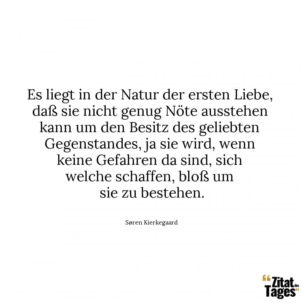 Es liegt in der Natur der ersten Liebe, daß sie nicht genug Nöte ausstehen kann um den Besitz des geliebten Gegenstandes, ja sie wird, wenn keine Gefahren da sind, sich welche schaffen, bloß um sie zu bestehen. - Søren Kierkegaard