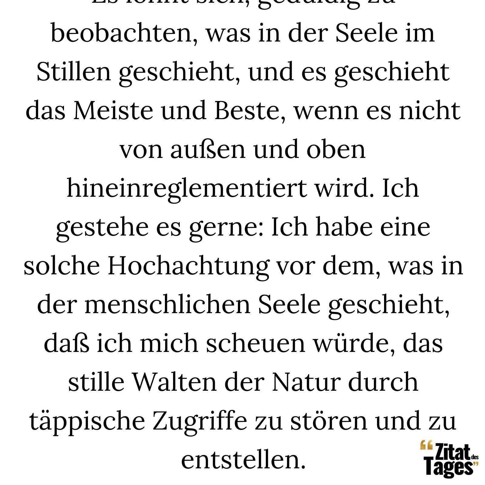 Es lohnt sich, geduldig zu beobachten, was in der Seele im Stillen geschieht, und es geschieht das Meiste und Beste, wenn es nicht von außen und oben hineinreglementiert wird. Ich gestehe es gerne: Ich habe eine solche Hochachtung vor dem, was in der menschlichen Seele geschieht, daß ich mich scheuen würde, das stille Walten der Natur durch täppische Zugriffe zu stören und zu entstellen. - Carl Gustav Jung