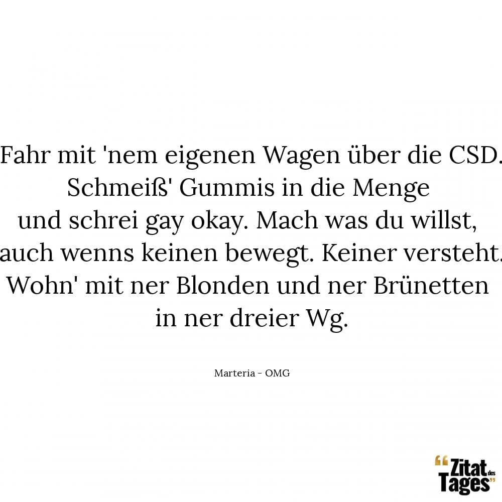 Fahr mit 'nem eigenen Wagen über die CSD. Schmeiß' Gummis in die Menge und schrei gay okay. Mach was du willst, auch wenns keinen bewegt. Keiner versteht. Wohn' mit ner Blonden und ner Brünetten in ner dreier Wg. - Marteria