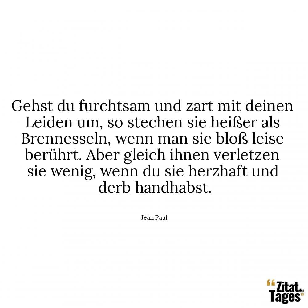 Gehst du furchtsam und zart mit deinen Leiden um, so stechen sie heißer als Brennesseln, wenn man sie bloß leise berührt. Aber gleich ihnen verletzen sie wenig, wenn du sie herzhaft und derb handhabst. - Jean Paul