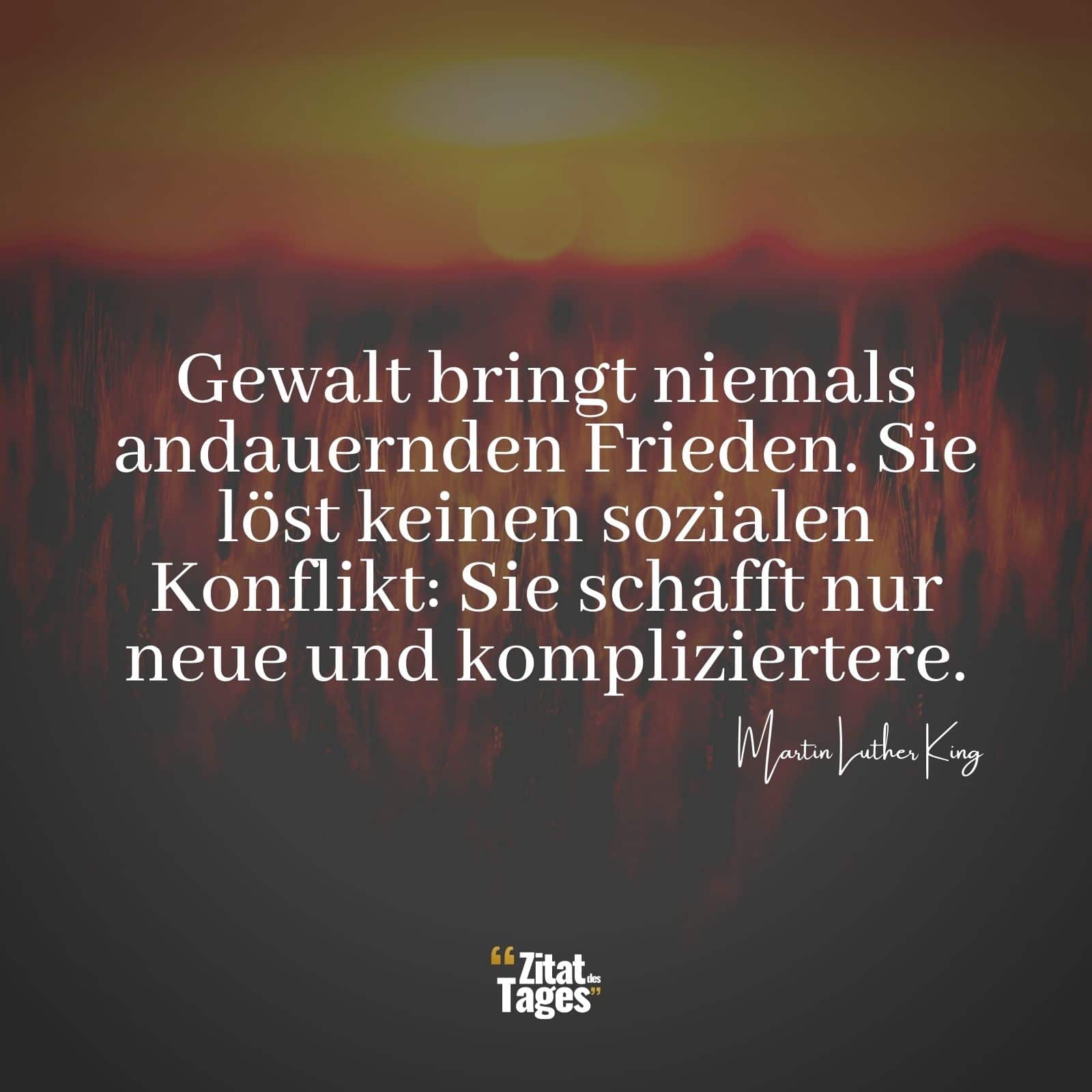 Gewalt bringt niemals andauernden Frieden. Sie löst keinen sozialen Konflikt: Sie schafft nur neue und kompliziertere. - Martin Luther King