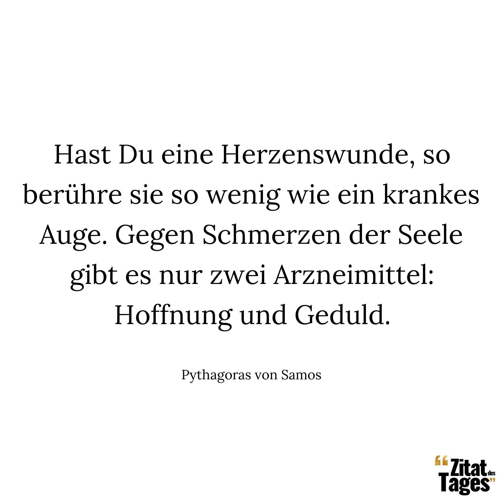 Hast Du eine Herzenswunde, so berühre sie so wenig wie ein krankes Auge. Gegen Schmerzen der Seele gibt es nur zwei Arzneimittel: Hoffnung und Geduld. - Pythagoras von Samos