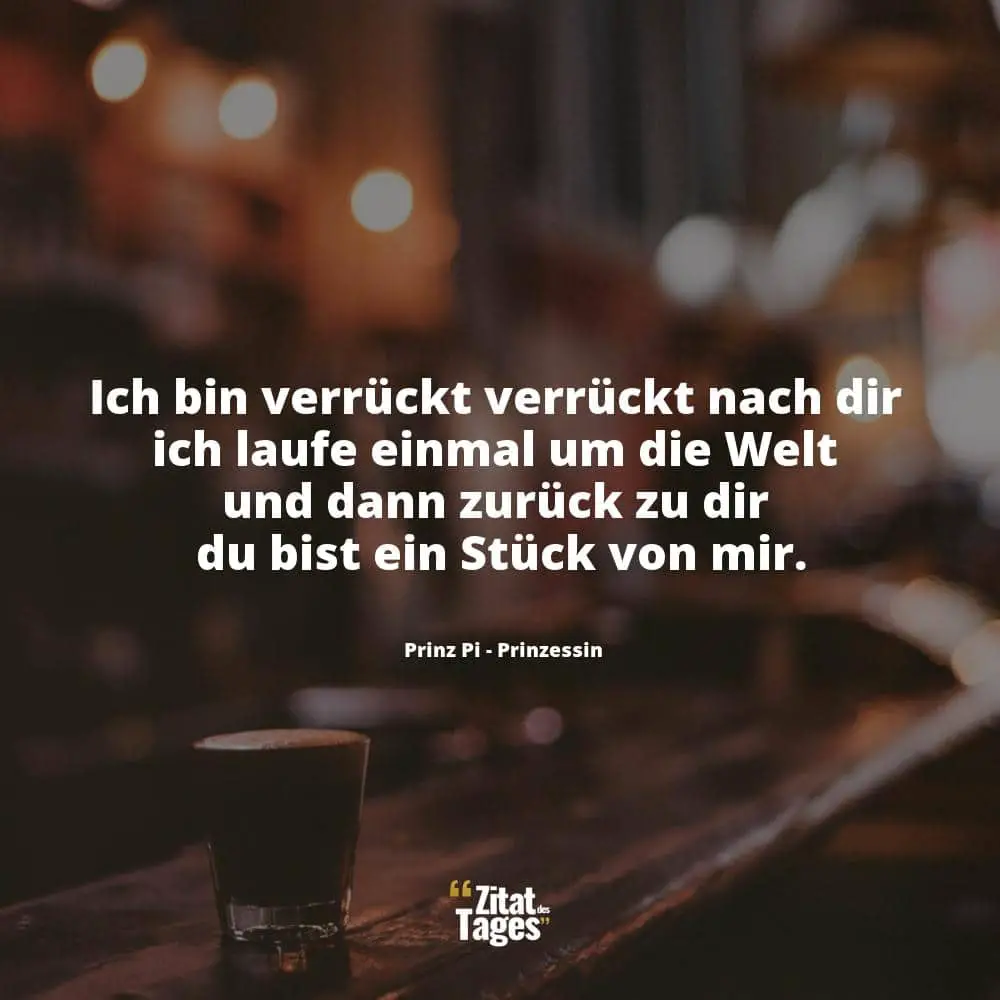 Ich bin verrückt verrückt nach dir ich laufe einmal um die Welt und dann zurück zu dir du bist ein Stück von mir. - Prinz Pi