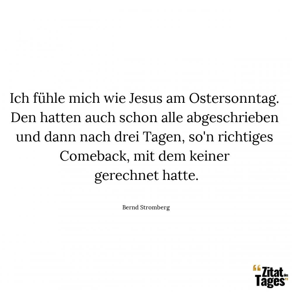 Ich fühle mich wie Jesus am Ostersonntag. Den hatten auch schon alle abgeschrieben und dann nach drei Tagen, so'n richtiges Comeback, mit dem keiner gerechnet hatte. - Bernd Stromberg