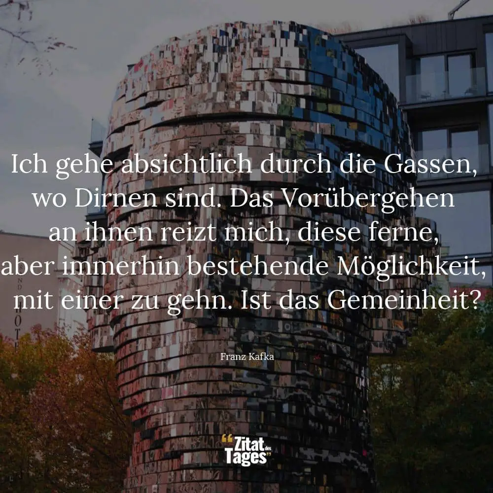 Ich gehe absichtlich durch die Gassen, wo Dirnen sind. Das Vorübergehen an ihnen reizt mich, diese ferne, aber immerhin bestehende Möglichkeit, mit einer zu gehn. Ist das Gemeinheit? - Franz Kafka