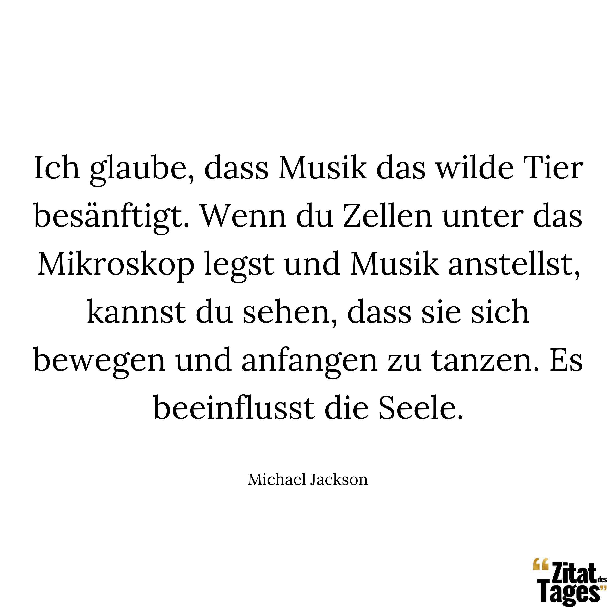 Ich glaube, dass Musik das wilde Tier besänftigt. Wenn du Zellen unter das Mikroskop legst und Musik anstellst, kannst du sehen, dass sie sich bewegen und anfangen zu tanzen. Es beeinflusst die Seele. - Michael Jackson