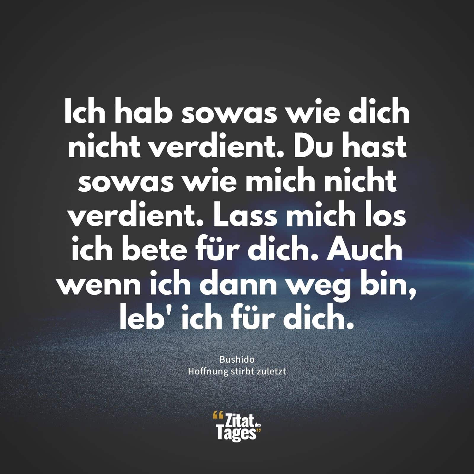 Ich hab sowas wie dich nicht verdient. Du hast sowas wie mich nicht verdient. Lass mich los ich bete für dich. Auch wenn ich dann weg bin, leb' ich für dich. - Bushido