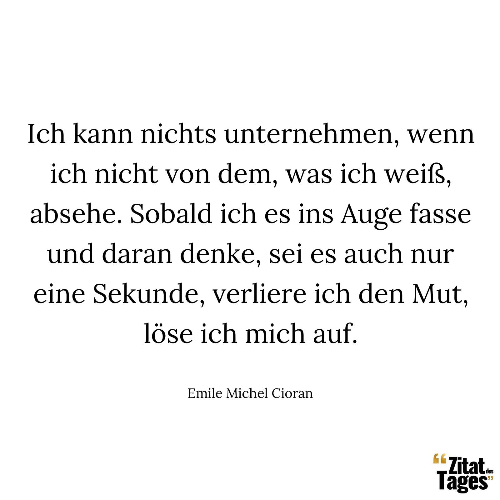 Ich kann nichts unternehmen, wenn ich nicht von dem, was ich weiß, absehe. Sobald ich es ins Auge fasse und daran denke, sei es auch nur eine Sekunde, verliere ich den Mut, löse ich mich auf. - Emile Michel Cioran