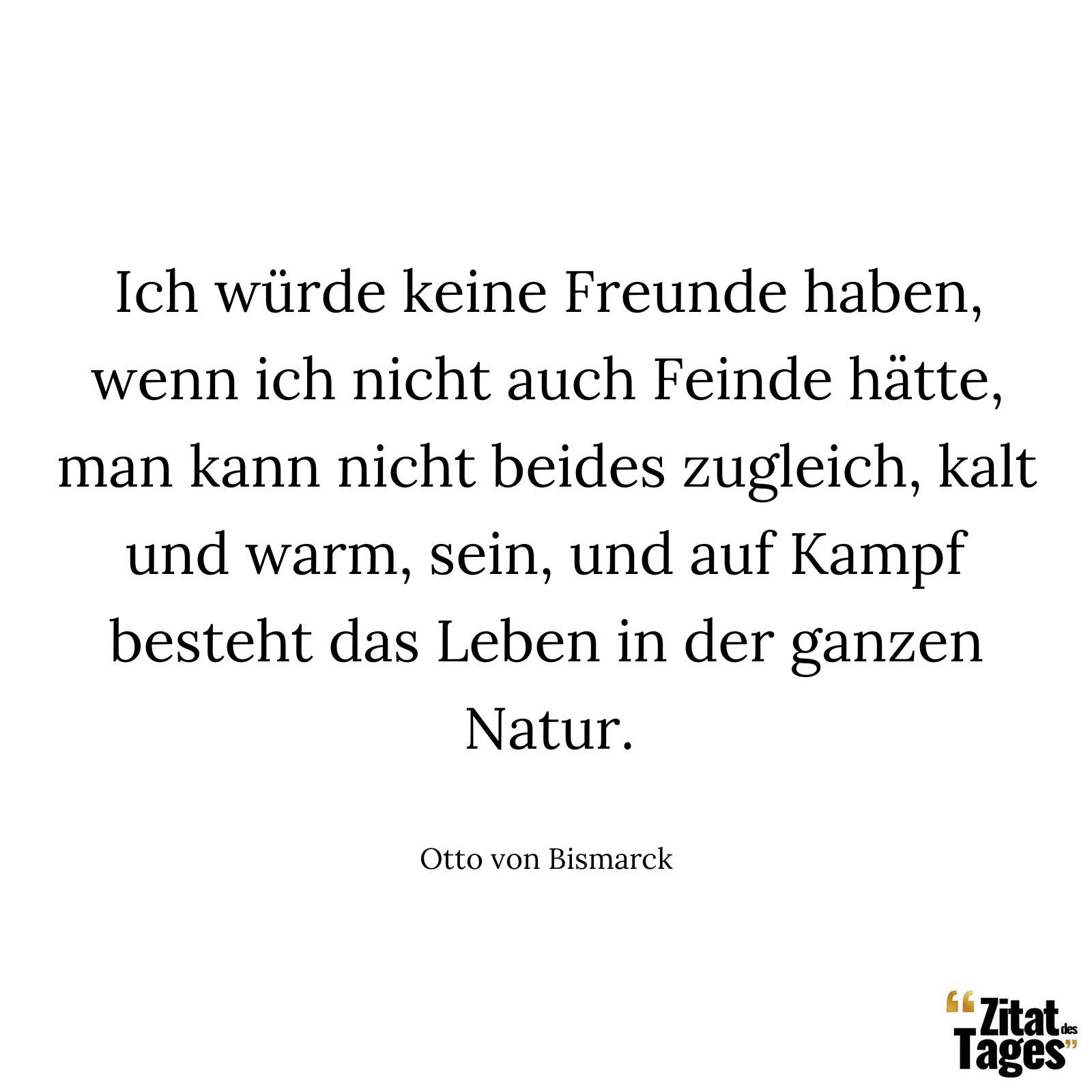 Ich würde keine Freunde haben, wenn ich nicht auch Feinde hätte, man kann nicht beides zugleich, kalt und warm, sein, und auf Kampf besteht das Leben in der ganzen Natur. - Otto von Bismarck