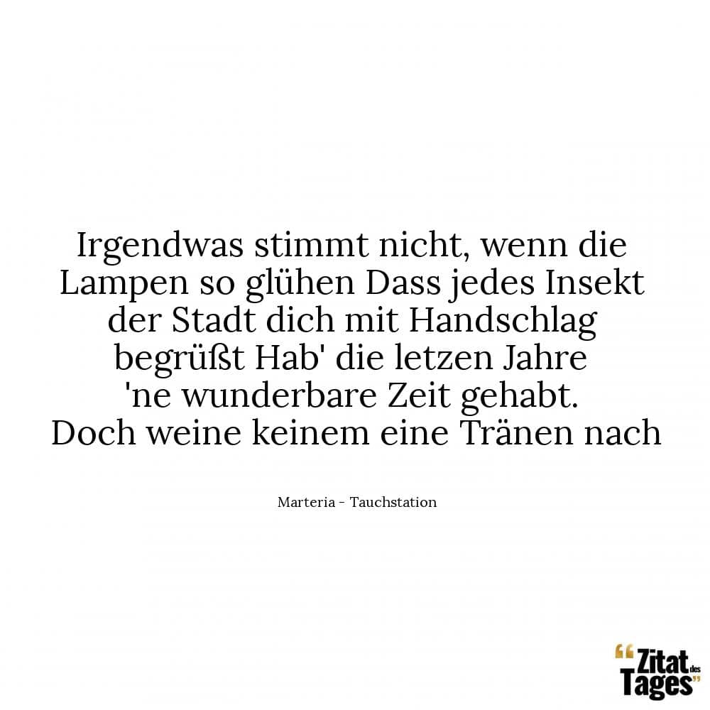 Irgendwas stimmt nicht, wenn die Lampen so glühen Dass jedes Insekt der Stadt dich mit Handschlag begrüßt Hab' die letzen Jahre 'ne wunderbare Zeit gehabt. Doch weine keinem eine Tränen nach - Marteria