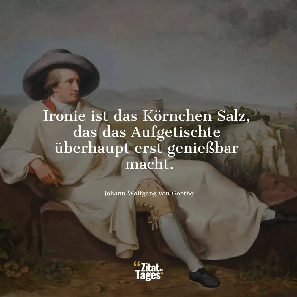 Ironie ist das Körnchen Salz, das das Aufgetischte überhaupt erst genießbar macht. - Johann Wolfgang von Goethe