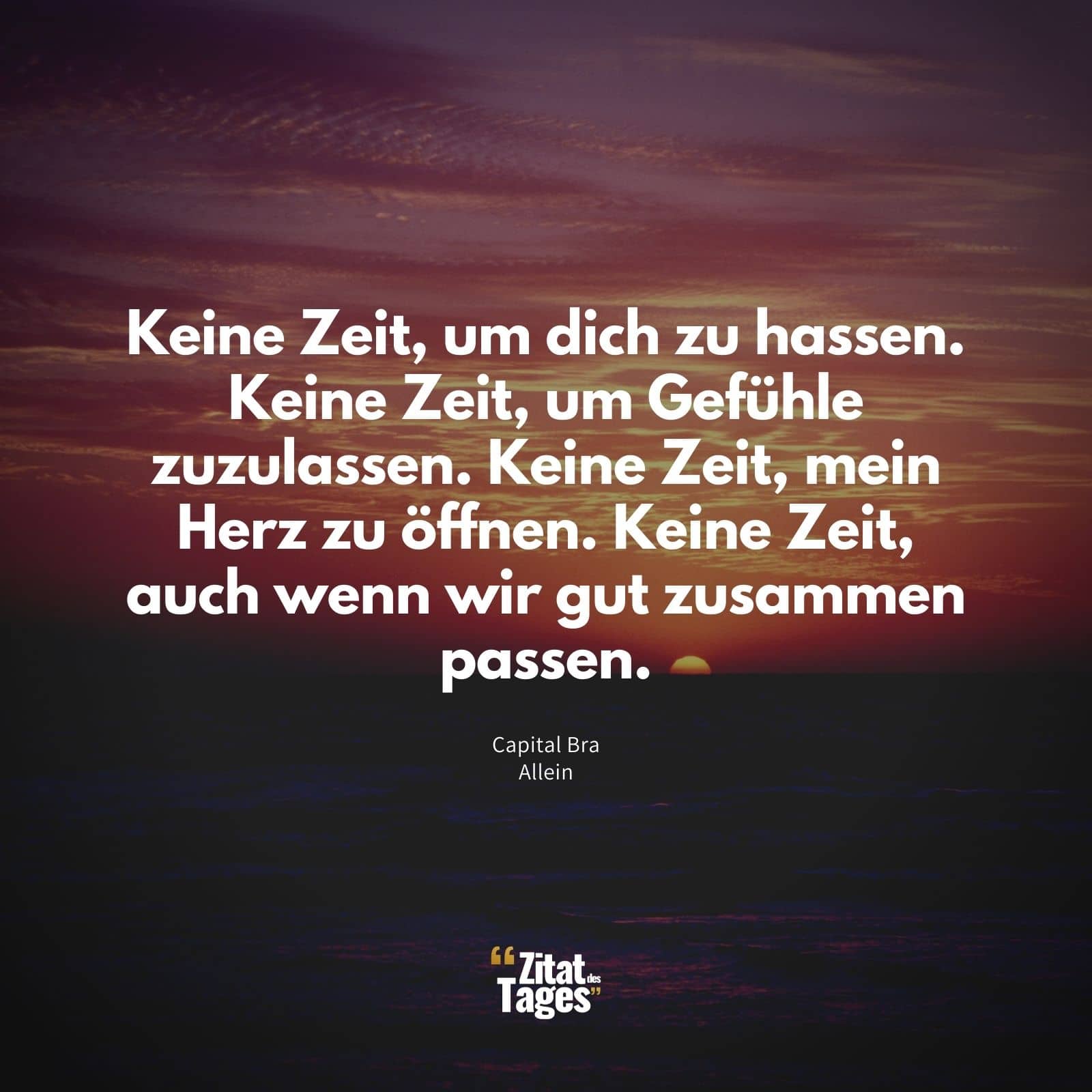 Keine Zeit, um dich zu hassen. Keine Zeit, um Gefühle zuzulassen. Keine Zeit, mein Herz zu öffnen. Keine Zeit, auch wenn wir gut zusammen passen. - Capital Bra