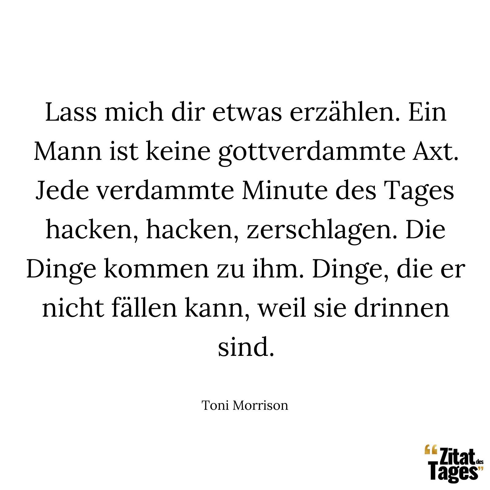 Lass mich dir etwas erzählen. Ein Mann ist keine gottverdammte Axt. Jede verdammte Minute des Tages hacken, hacken, zerschlagen. Die Dinge kommen zu ihm. Dinge, die er nicht fällen kann, weil sie drinnen sind. - Toni Morrison