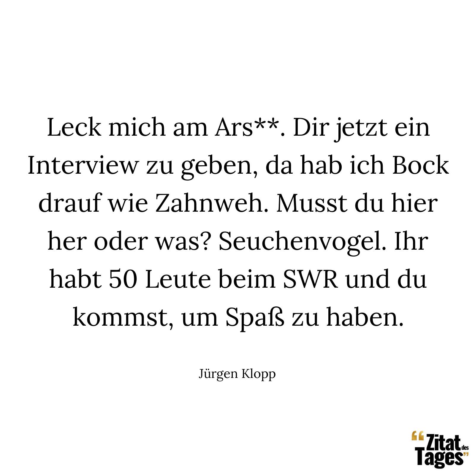 Leck mich am Ars**. Dir jetzt ein Interview zu geben, da hab ich Bock drauf wie Zahnweh. Musst du hier her oder was? Seuchenvogel. Ihr habt 50 Leute beim SWR und du kommst, um Spaß zu haben. - Jürgen Klopp