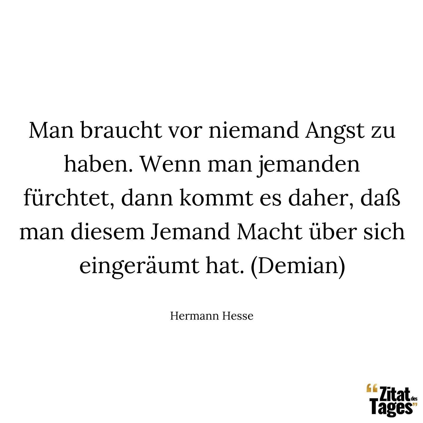 Man braucht vor niemand Angst zu haben. Wenn man jemanden fürchtet, dann kommt es daher, daß man diesem Jemand Macht über sich eingeräumt hat. - Hermann Hesse