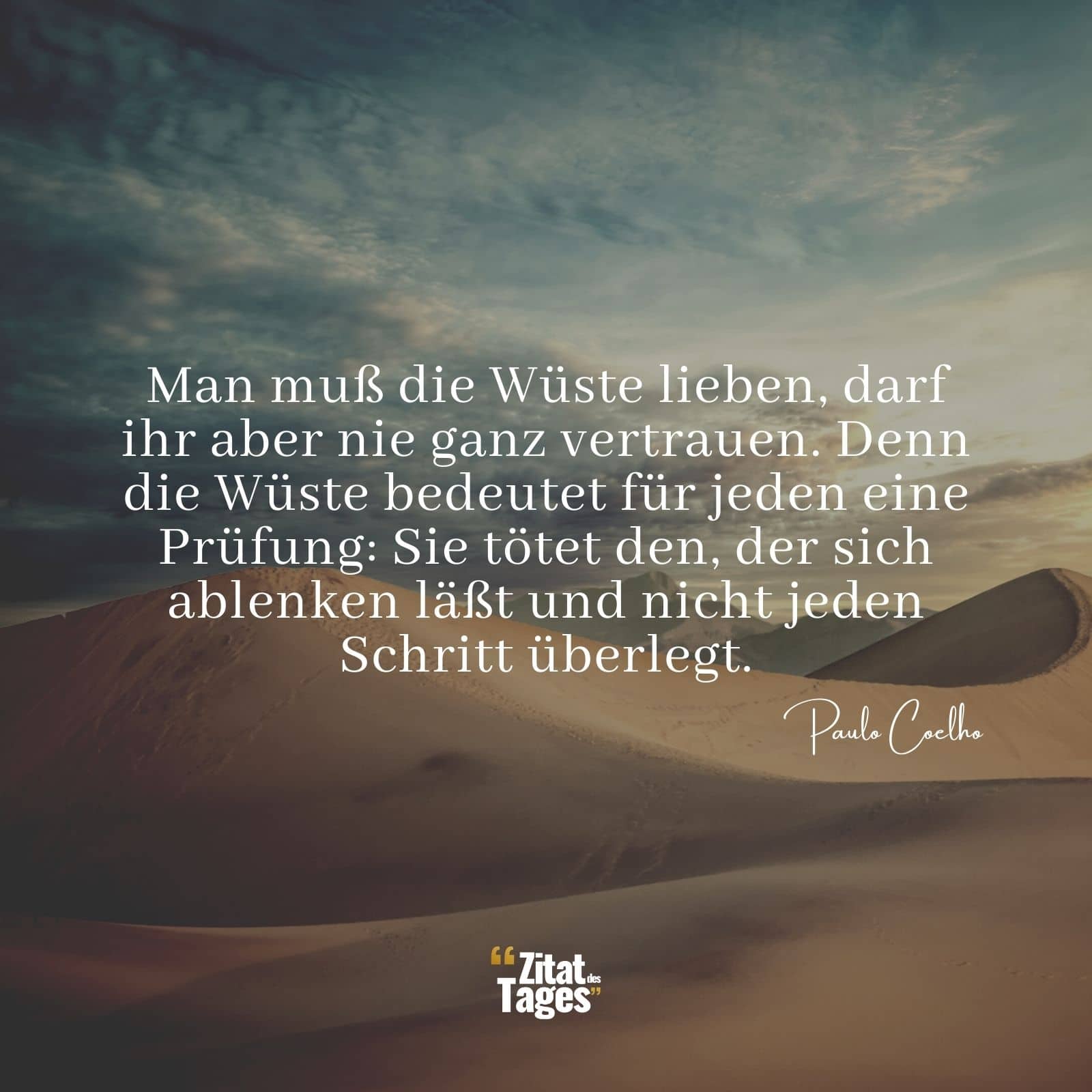 Man muß die Wüste lieben, darf ihr aber nie ganz vertrauen. Denn die Wüste bedeutet für jeden eine Prüfung: Sie tötet den, der sich ablenken läßt und nicht jeden Schritt überlegt. - Paulo Coelho