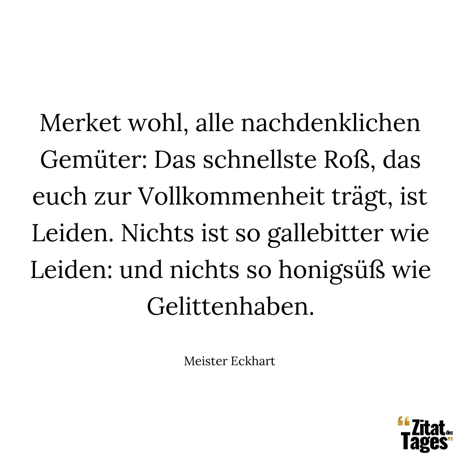 Merket wohl, alle nachdenklichen Gemüter: Das schnellste Roß, das euch zur Vollkommenheit trägt, ist Leiden. Nichts ist so gallebitter wie Leiden: und nichts so honigsüß wie Gelittenhaben. - Meister Eckhart