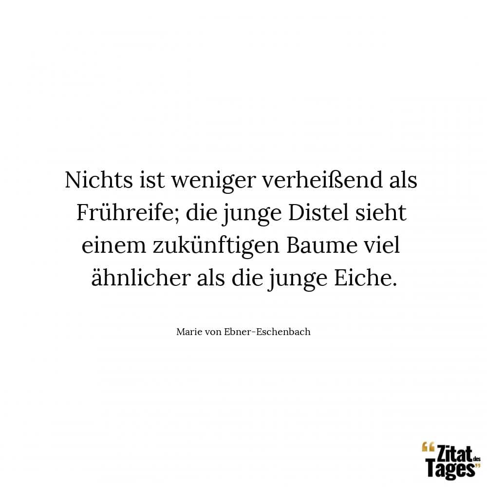 Nichts ist weniger verheißend als Frühreife; die junge Distel sieht einem zukünftigen Baume viel ähnlicher als die junge Eiche. - Marie von Ebner-Eschenbach