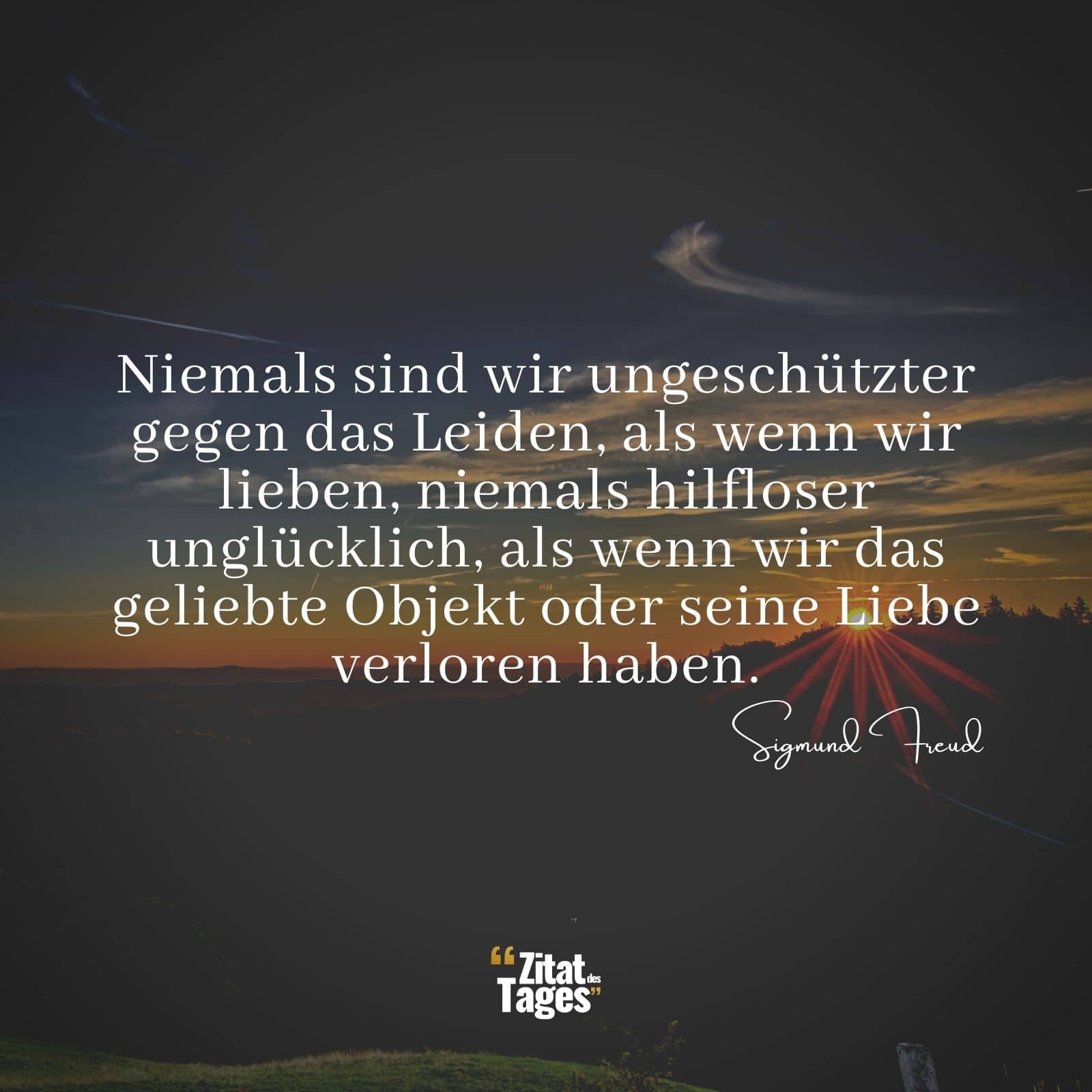 Niemals sind wir ungeschützter gegen das Leiden, als wenn wir lieben, niemals hilfloser unglücklich, als wenn wir das geliebte Objekt oder seine Liebe verloren haben. - Sigmund Freud