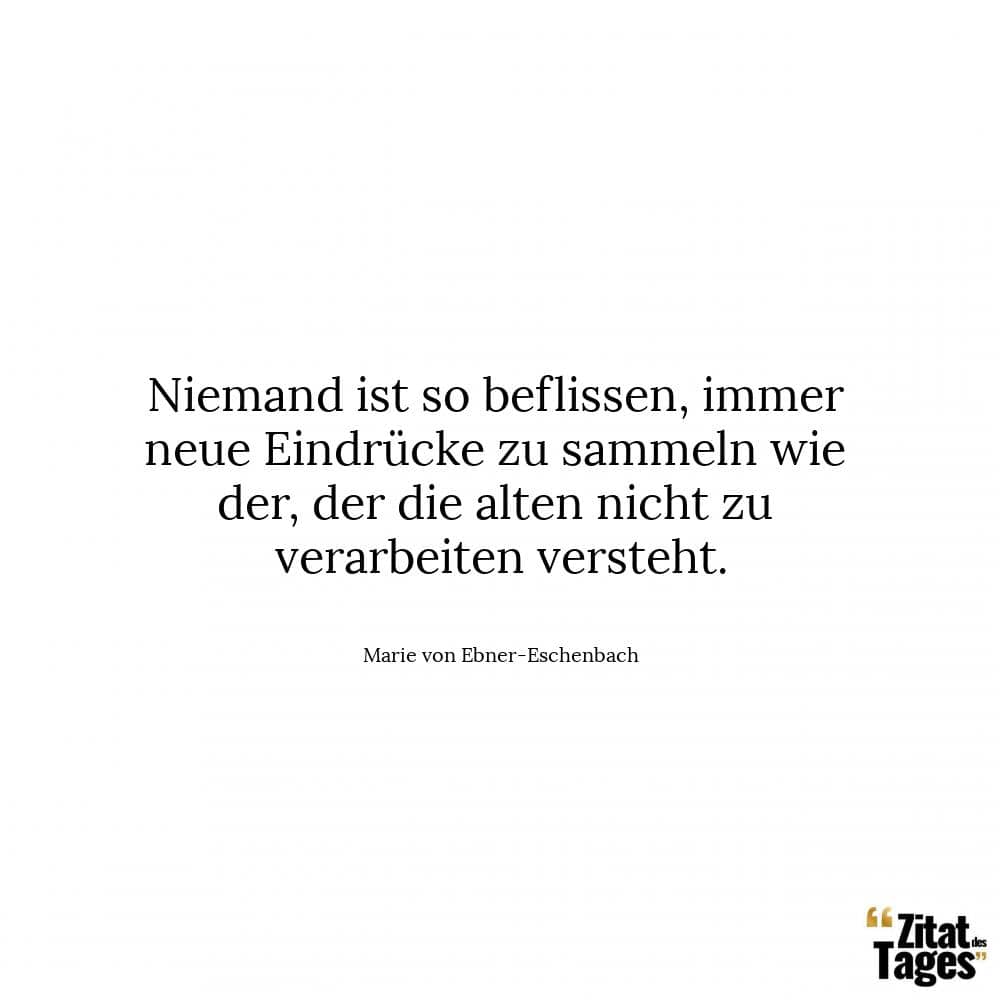 Niemand ist so beflissen, immer neue Eindrücke zu sammeln wie der, der die alten nicht zu verarbeiten versteht. - Marie von Ebner-Eschenbach